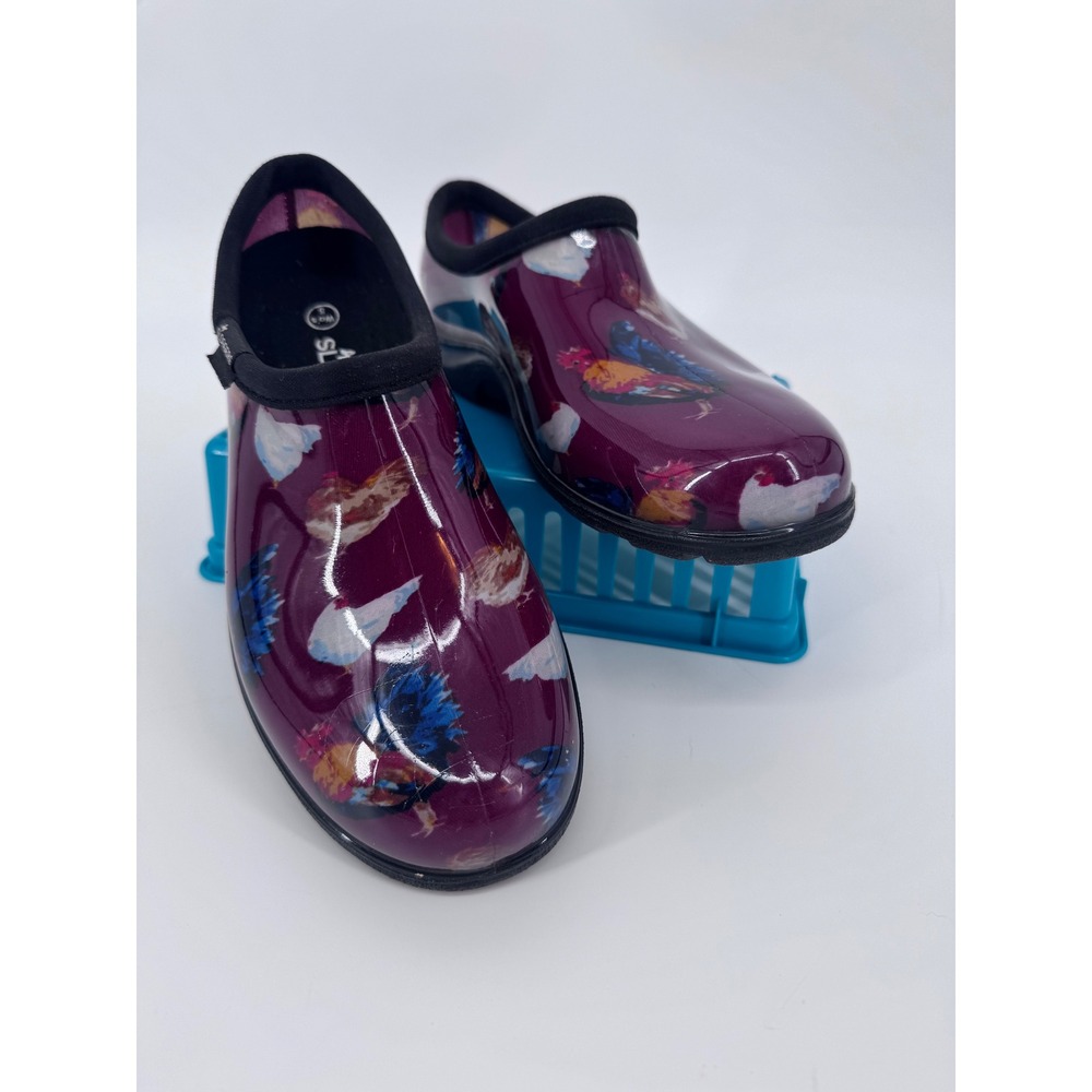 Sloggers Women Garden Shoes Burgundy Purple Rooster Chicken Print Clogs Size 8